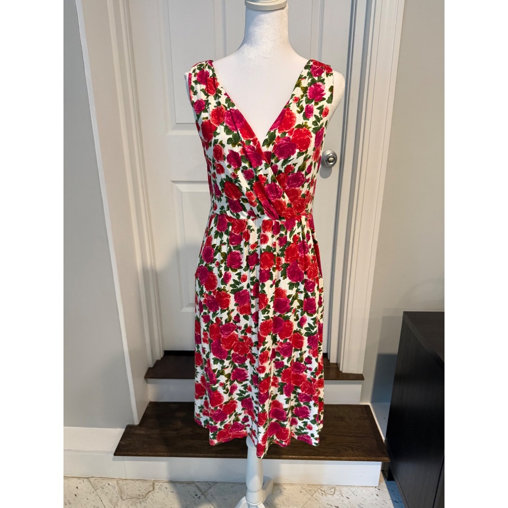 Green Cotton by Garnet Hill Floral Rose V-Neck Sleeveless Pocket Dress Small
